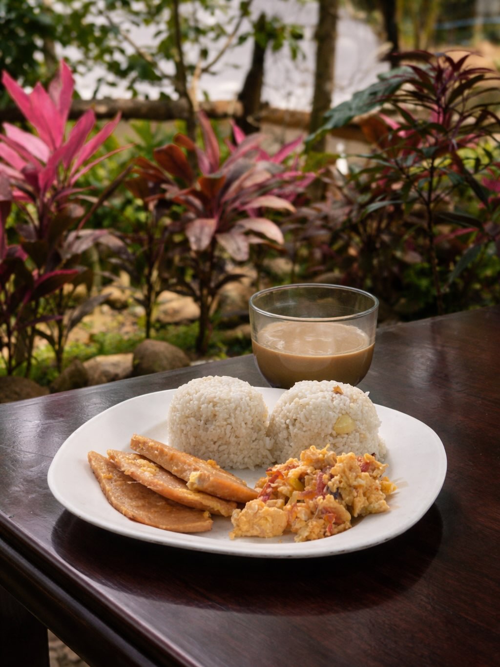 Filipino breakfast plate with coffee in the garden setting