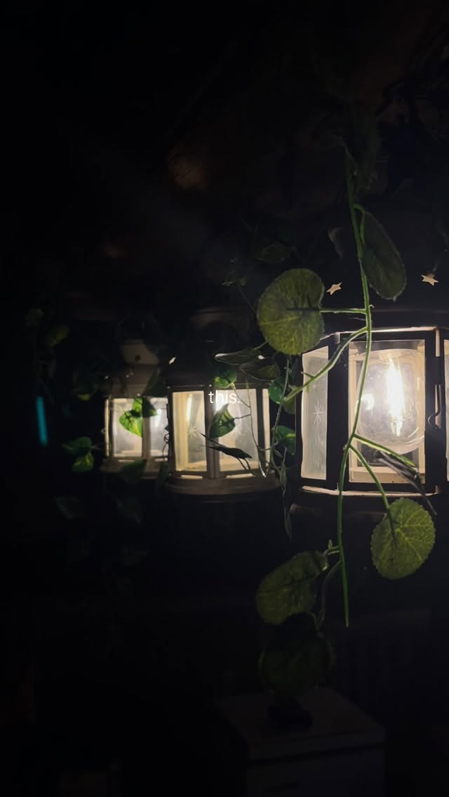 Garden lanterns glowing at night along a vine-covered path